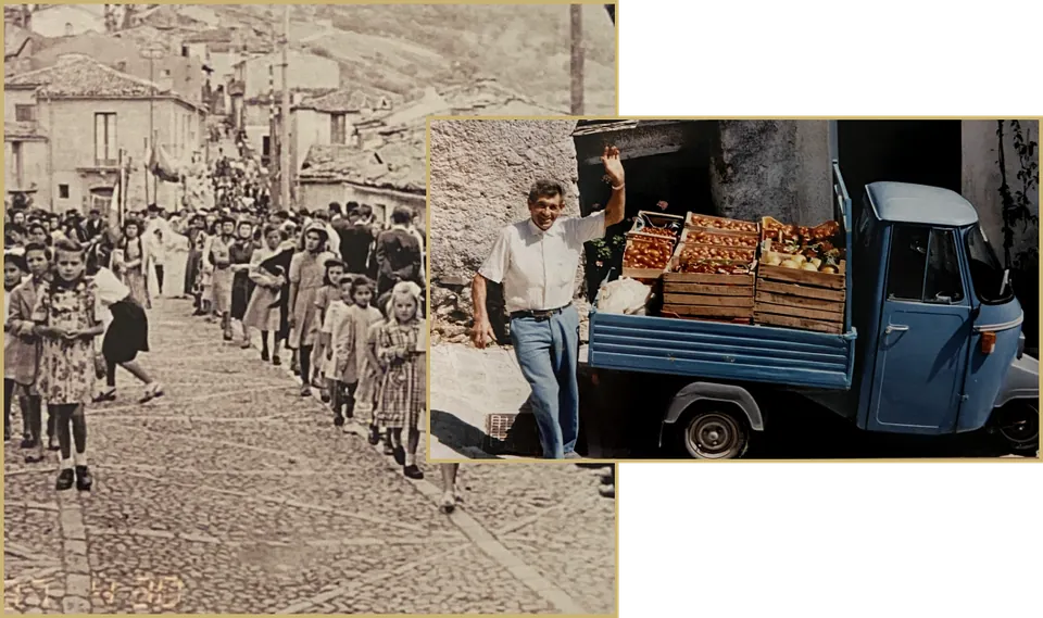 Collage: Dorfstraße in Picerno und Ape mit Obstkisten
