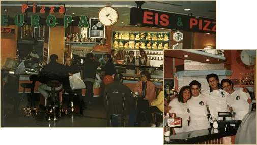 Collage: Theke „Eis & Pizza“ und Team in weißen Hemden