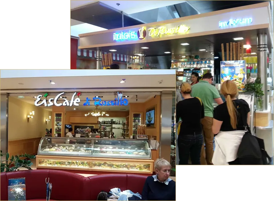 Collage: zwei Eiscafés di Russillo im Forum Steglitz