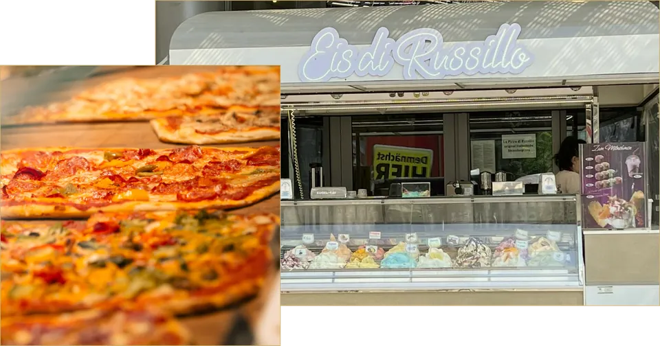 Collage: Pizzastücke und Eiskiosk „Eis di Russillo“