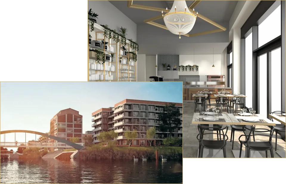 Collage: Neubauten an der Spree und Entwurf des Gastraums